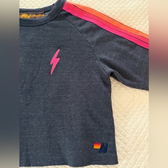 Aviator Nation Bolt Cropped Five Stripe Sweatshirt in Navy w/Neon Stripes SZ L - Picture 6 of 13